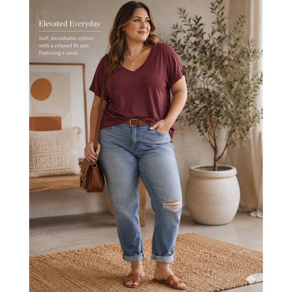 Madewell Women's Size 2X Burgundy Cotton‎ V-Neck Tee Relaxed Elevated Basic